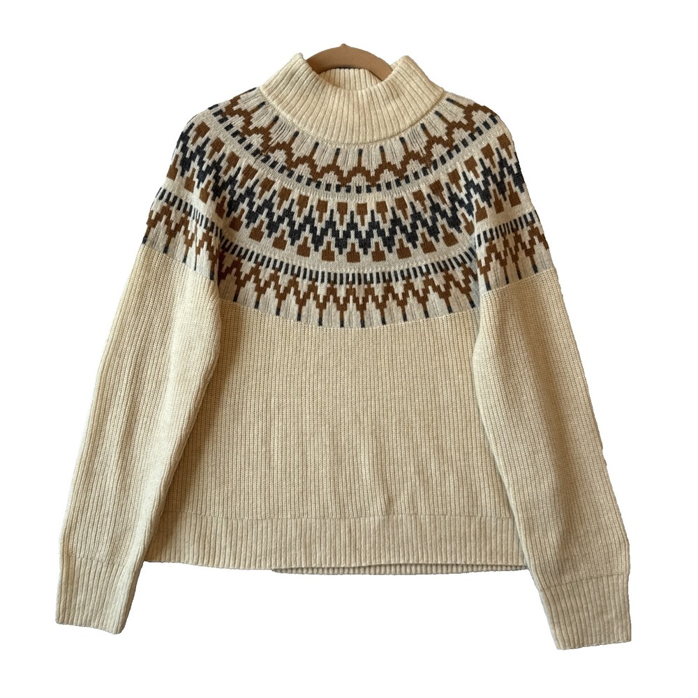 NWT J. Crew Lambswool Fair Isle Mock Neck Sweater S Ski Cabin Cozy Cream Brown